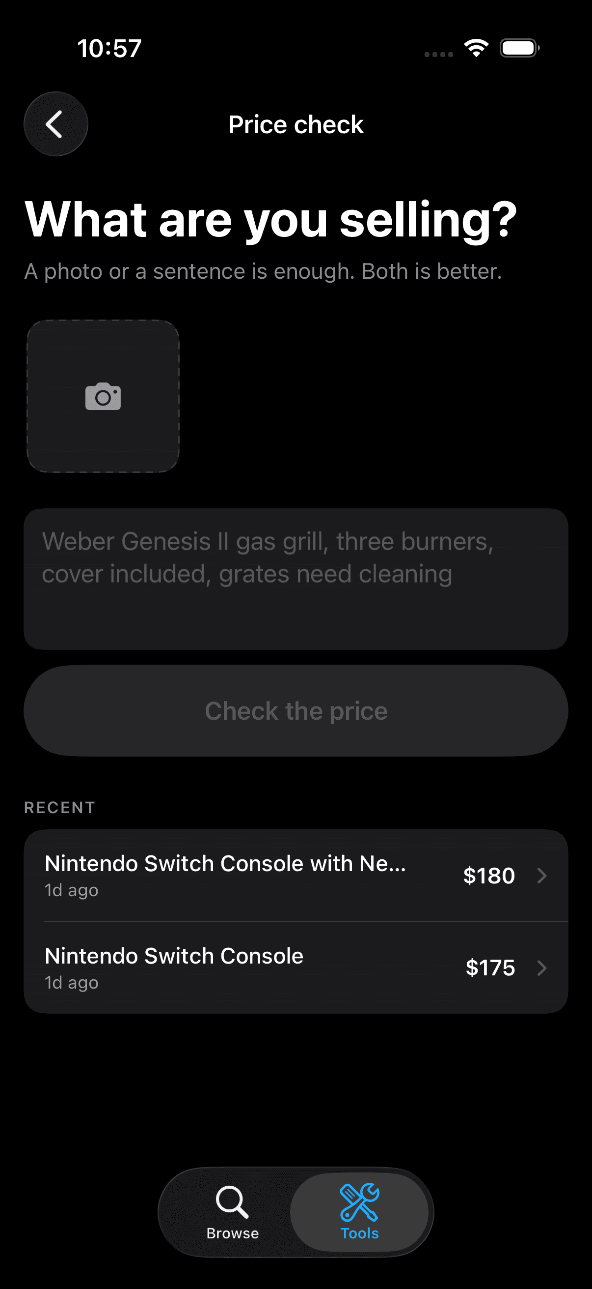 Price Check input: describe what you're selling or add a photo