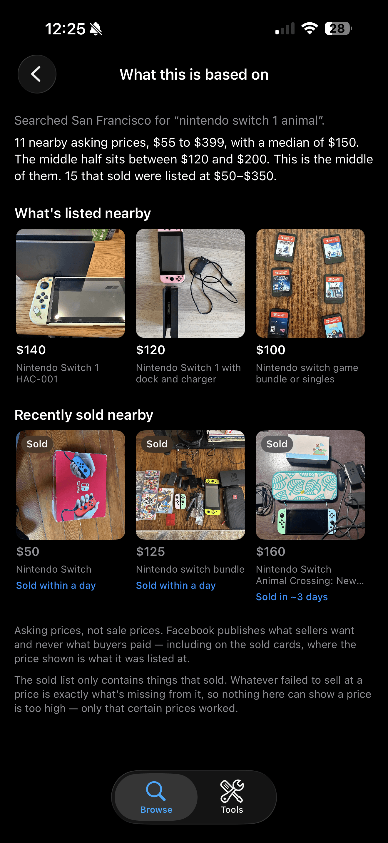 The “What this is based on” screen listing the nearby asking prices and recently sold items behind a comparison, with sale speeds like “Sold within a day”
