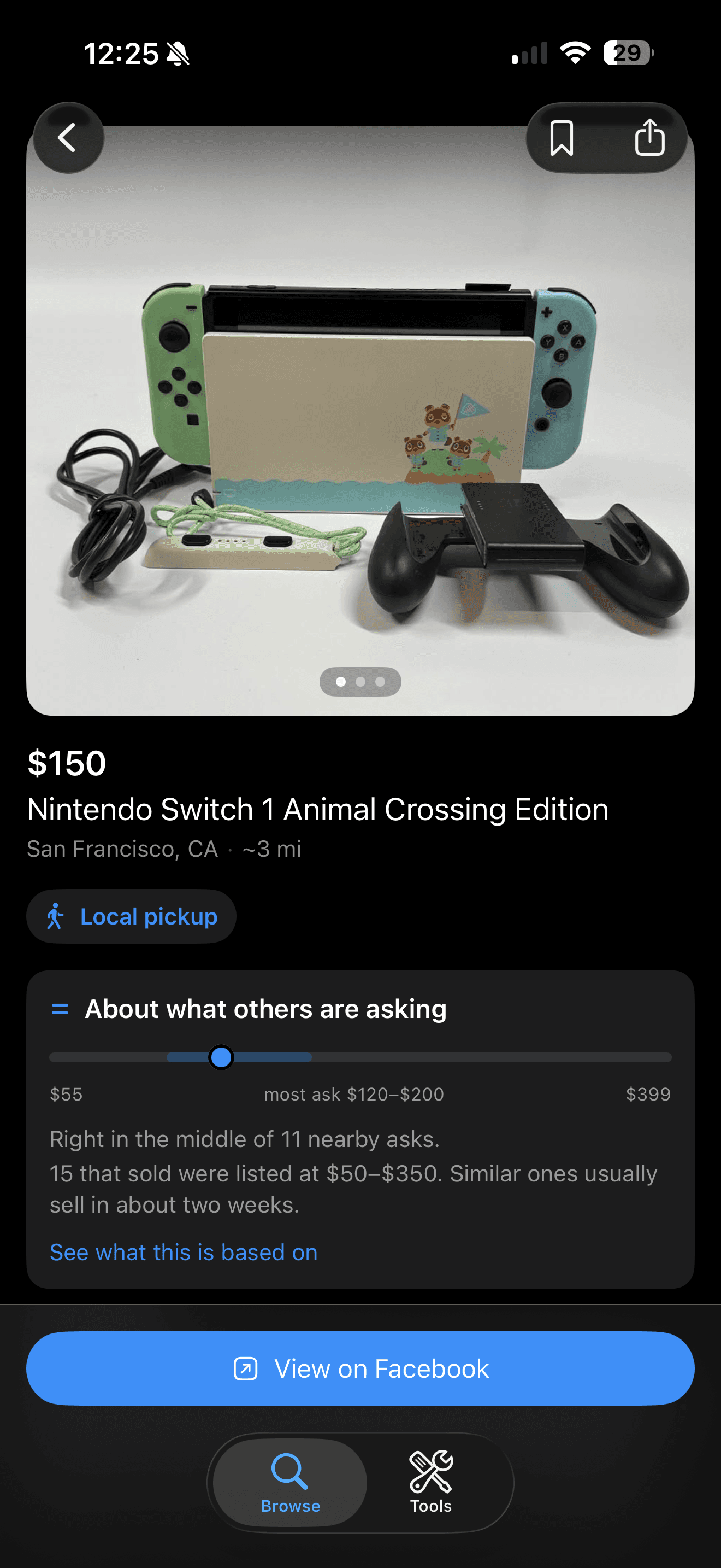 “About what others are asking” on a $150 Nintendo Switch listing: a range bar from $55 to $399 with most sellers asking $120 to $200, and a note that similar ones usually sell in about two weeks