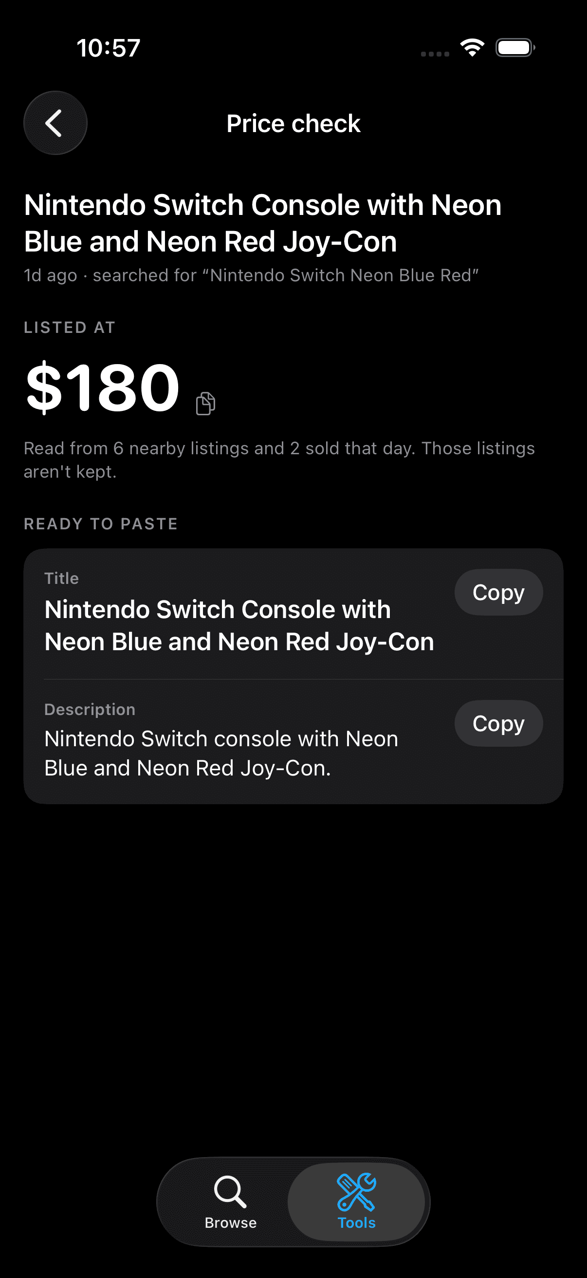 Price Check result with recommended price and ready-to-paste title and description
