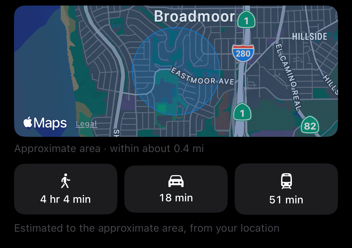 A listing map showing an approximate area with walking, driving, and transit travel times