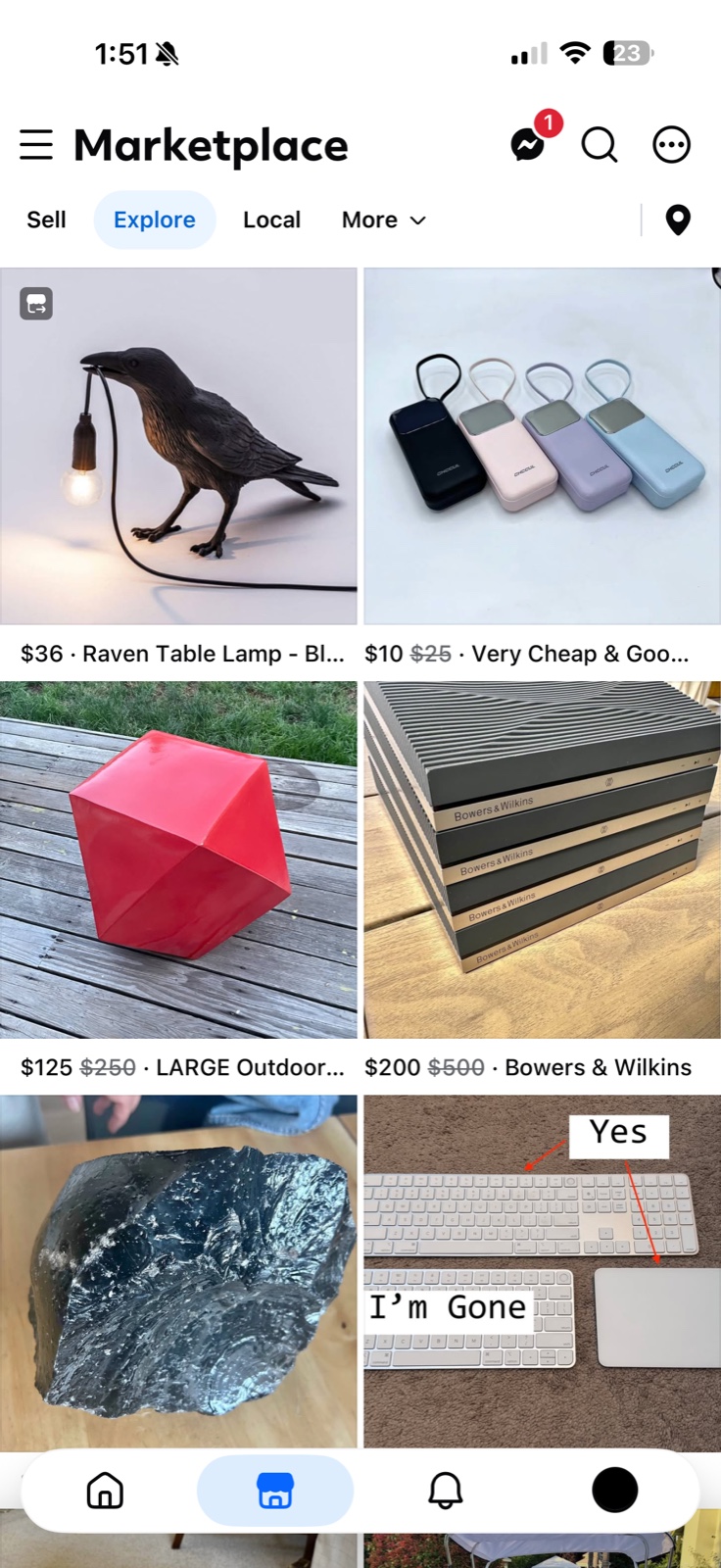The Marketplace Explore grid with a Raven Table Lamp listed at $36, its corner carrying a badge different from the shipping truck on other cells