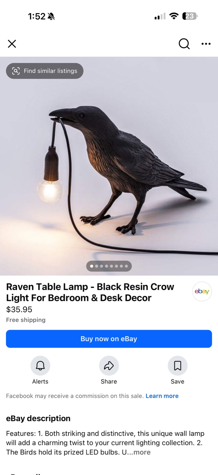 A Facebook Marketplace item page for an eBay listing, showing an eBay badge, a Buy now on eBay button, and a note that Facebook may receive a commission on the sale