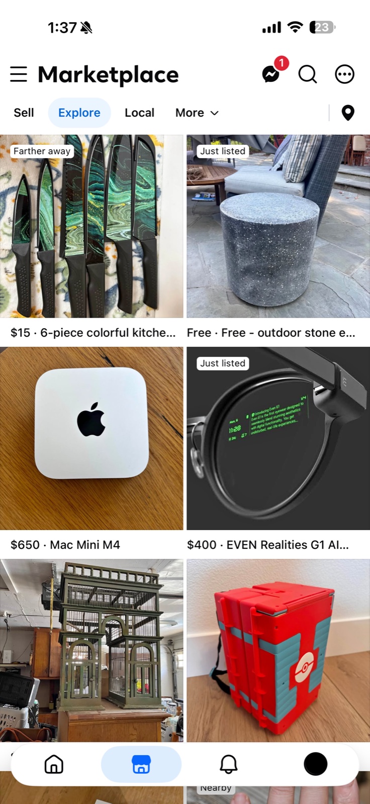 A Marketplace Explore grid where one listing carries a Farther away badge while another carries a Nearby badge