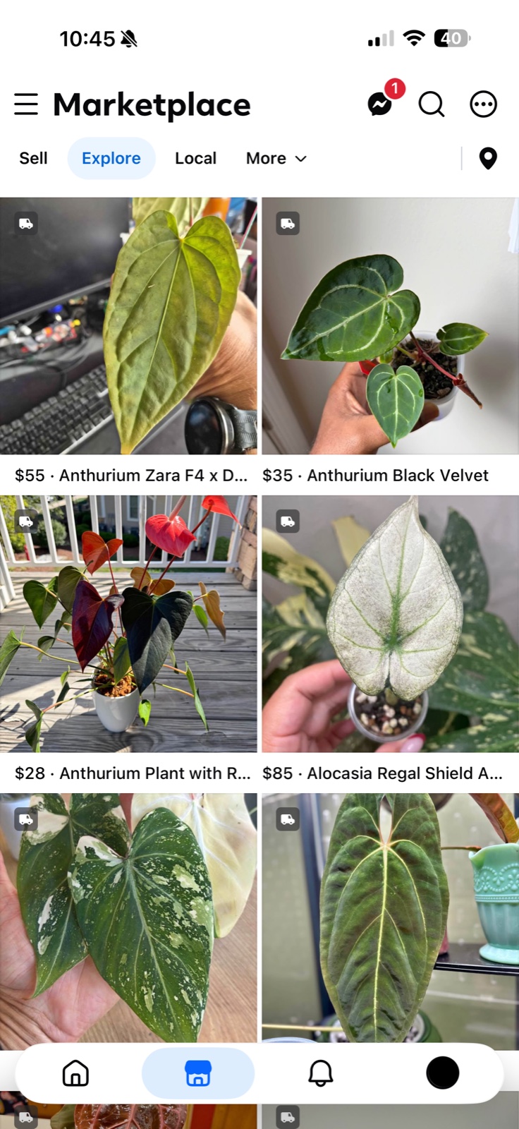 The Facebook Marketplace Explore grid, every visible listing carrying a shipping badge in its top corner