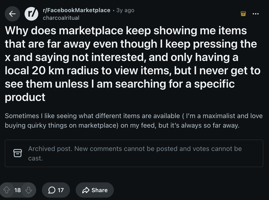 An archived r/FacebookMarketplace post from June 2023 asking why Marketplace keeps showing items that are far away despite a 20 km local radius, with 18 points and 17 comments