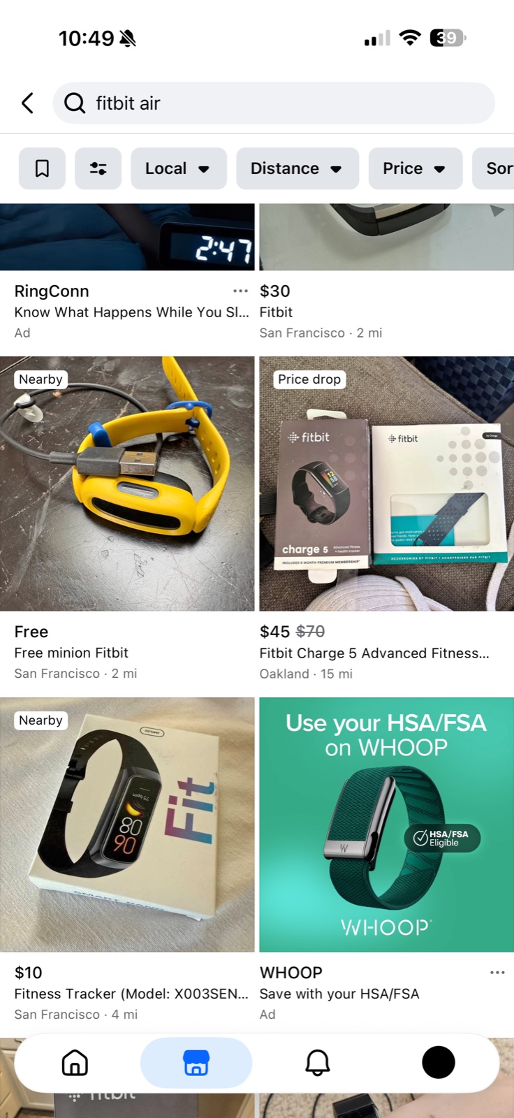 Marketplace search results where two single grid cells are RingConn and WHOOP advertisements marked Ad, sitting among listings labelled 2, 4 and 15 miles away