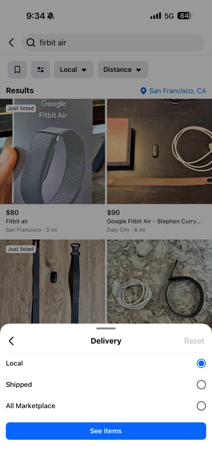 The Marketplace Delivery filter showing three options, Local, Shipped and All Marketplace, with Local selected