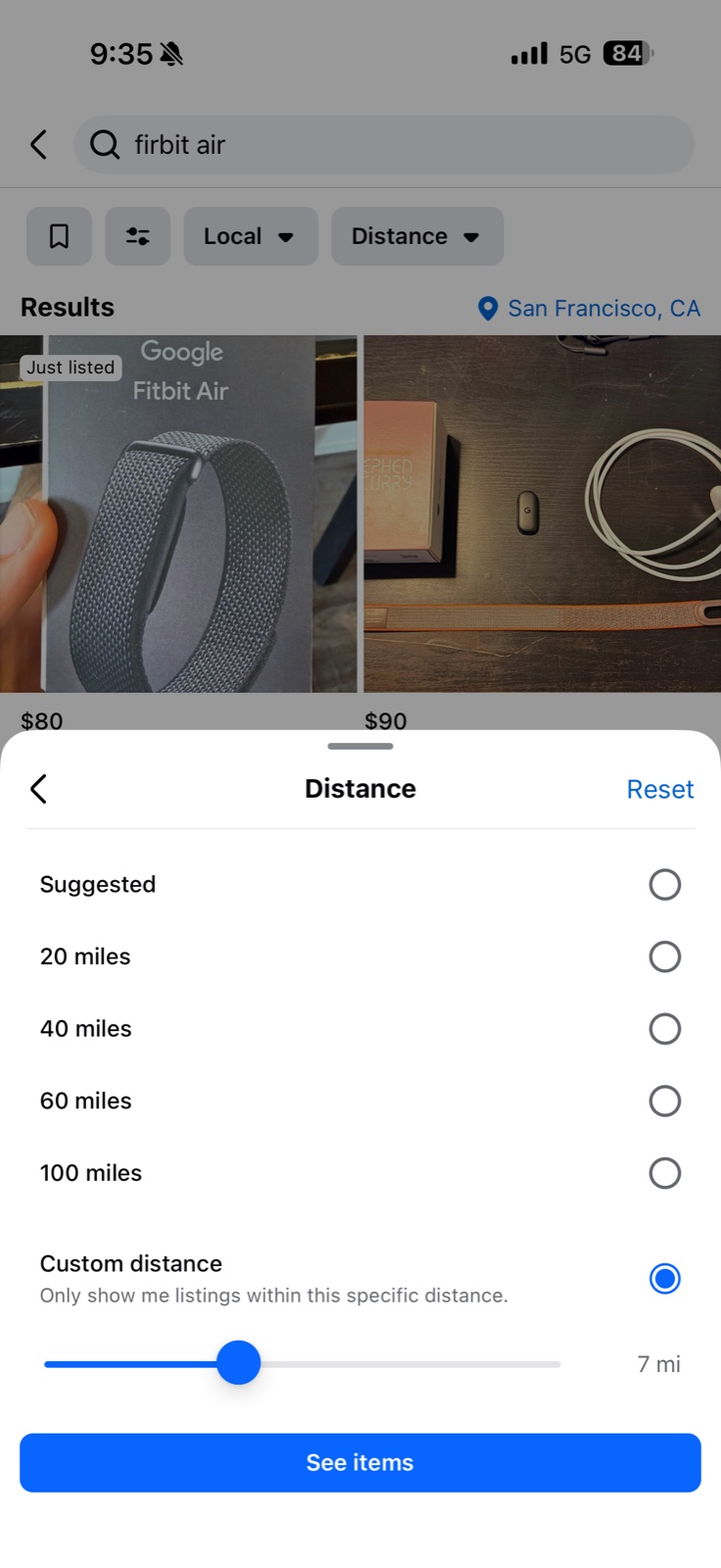 The Marketplace Distance filter with Custom distance selected and its slider set to 7 miles, the preset options above it unselected