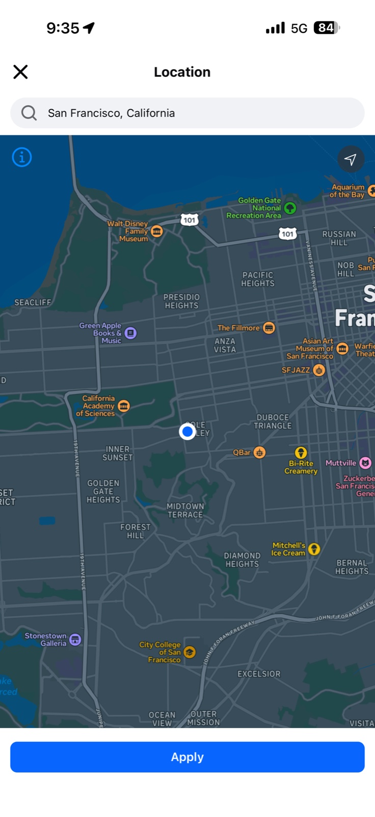 The Marketplace location picker showing a search field reading San Francisco, California above a map of the city with a pin dropped on it