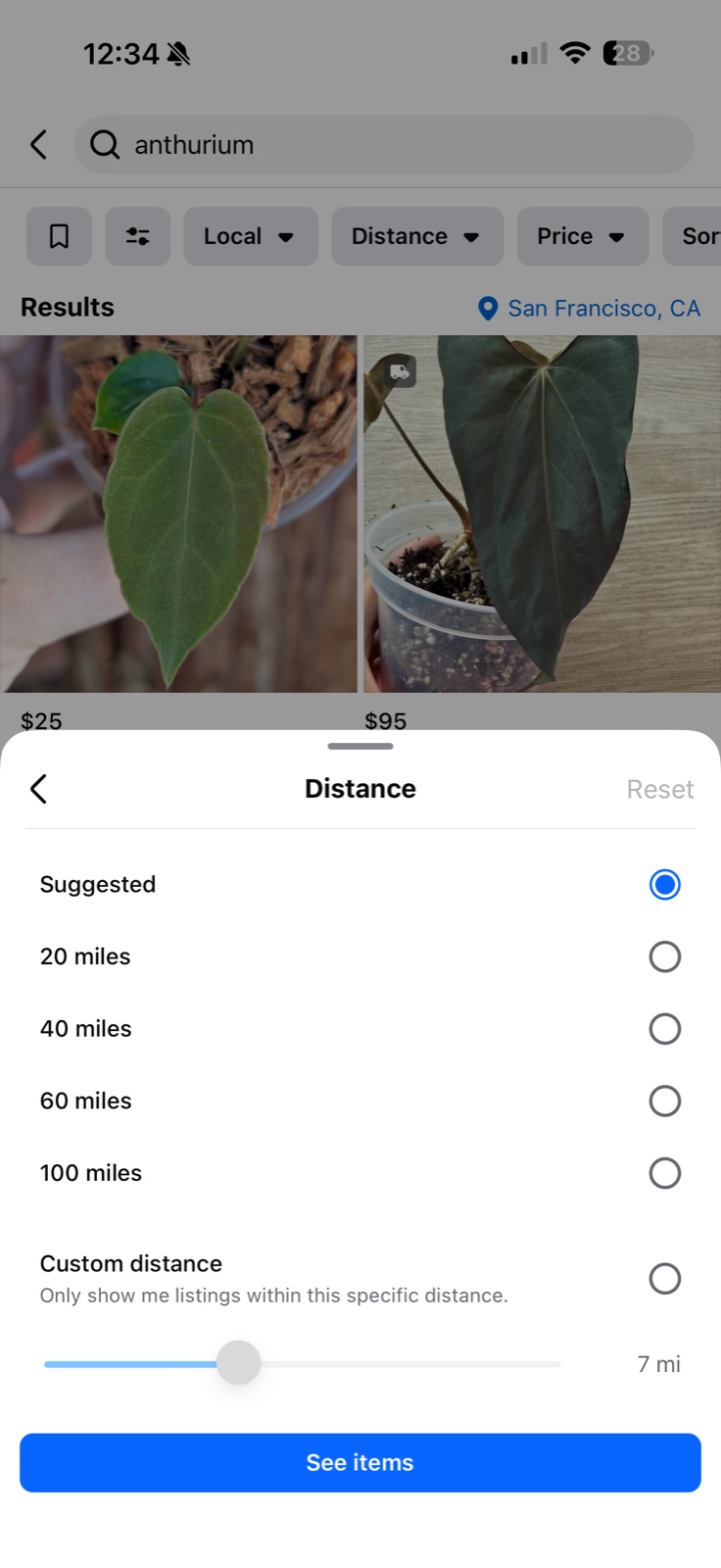 The Marketplace Distance filter sheet with Suggested selected, above preset options of 20, 40, 60 and 100 miles and a custom distance slider